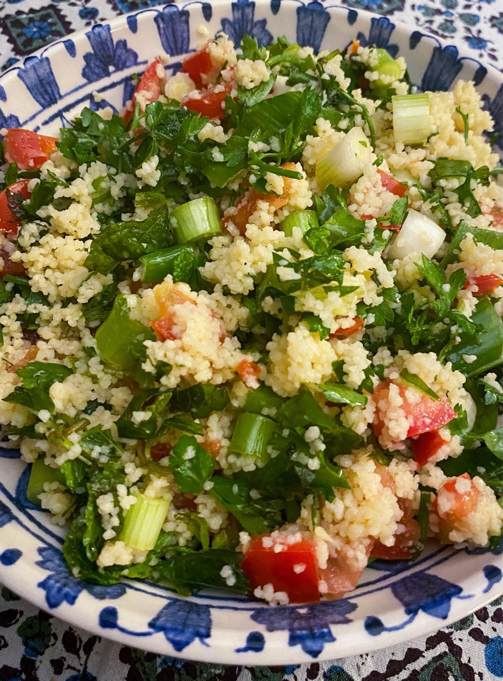 Lebanese couscous tabbouleh with parsley, mint and tomato